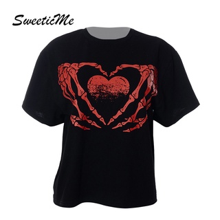 Sweeticme ใหม่ เสื้อยืดลําลอง แขนสั้น คอกลม พิมพ์ลายหัวกะโหลก สําหรับสตรี 2022