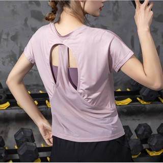 มาใหม่  เสื้อออกกำลังกายผูู้หญิง ซีทรูเปิดหลัง (พร้อมส่ง) รุ…