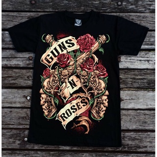 เสื้อยืดโอเวอร์ไซส์เสื้อยืดผ้าฝ้าย 15R259 NTS GUNS N ROSES HARD ROCK BAND SMOKING PISTOL RED ROSES LIMITED DESIGN ORIGIN