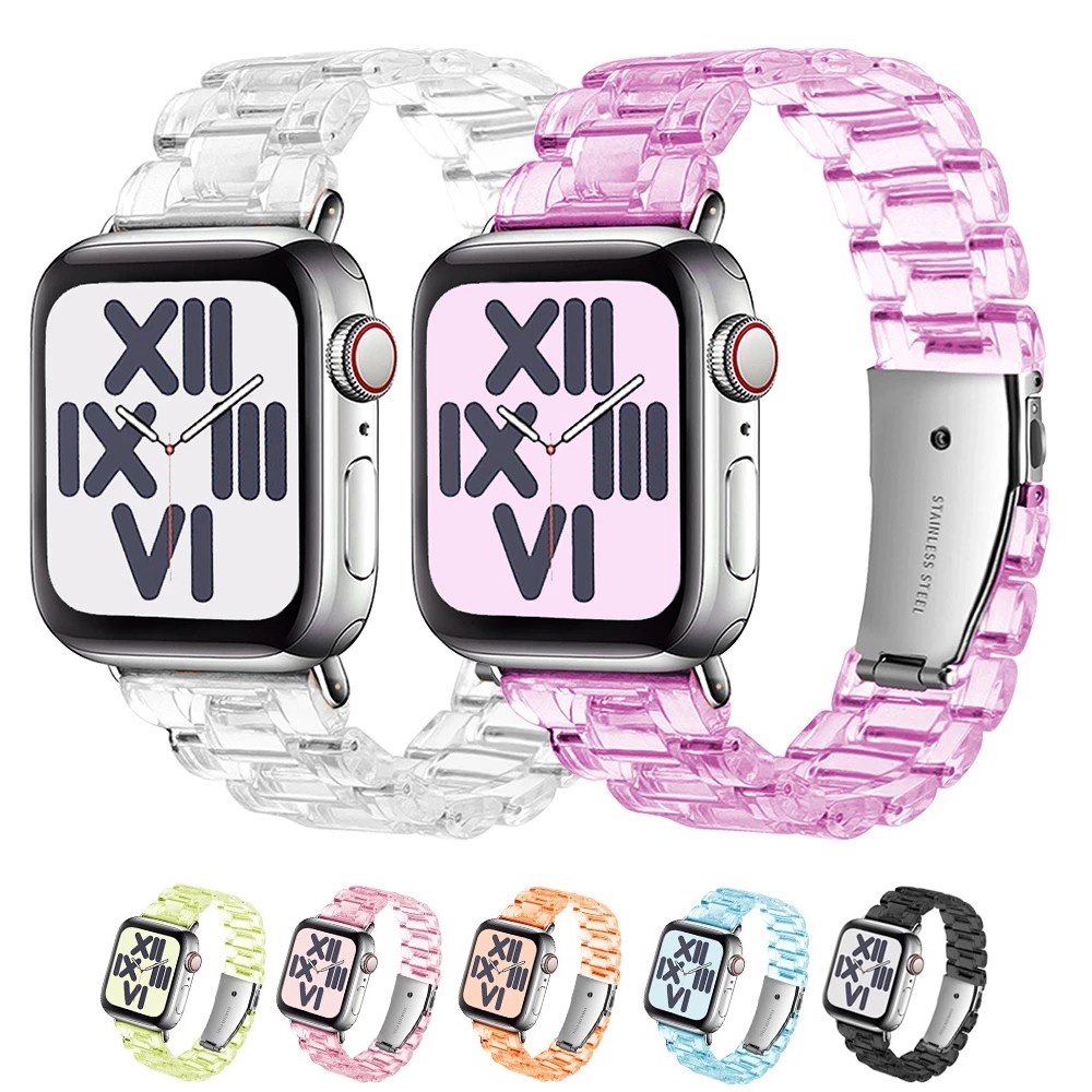อะคริลิคใสเรซิ่นสายนาฬิกาสำหรับ Apple Watch 7 SE 6 5 4 3 2 1 สายโปร่งใส Iwatch Series 41mm 45mm 38mm 40mm 42mm 44mm หัวเข็มขัดโลหะ สายนาฬิกาอัจฉริยะ T500 pro w34 x7