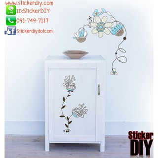 SALE Transparent Wall sticker สติ๊กเกอร์ติดผนัง ดอกไม้ลายเส้นสีฟ้า (Freesize)