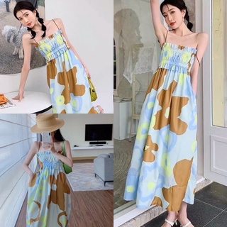 พร้อมส่ง Maxidress เดรสสายเดี่ยว ลายดอกไม้ กราฟฟิก ใส่ไปทะเลสวยมากๆ ชุดเที่ยวทะเล เดรสกระโปรง งานป้าย