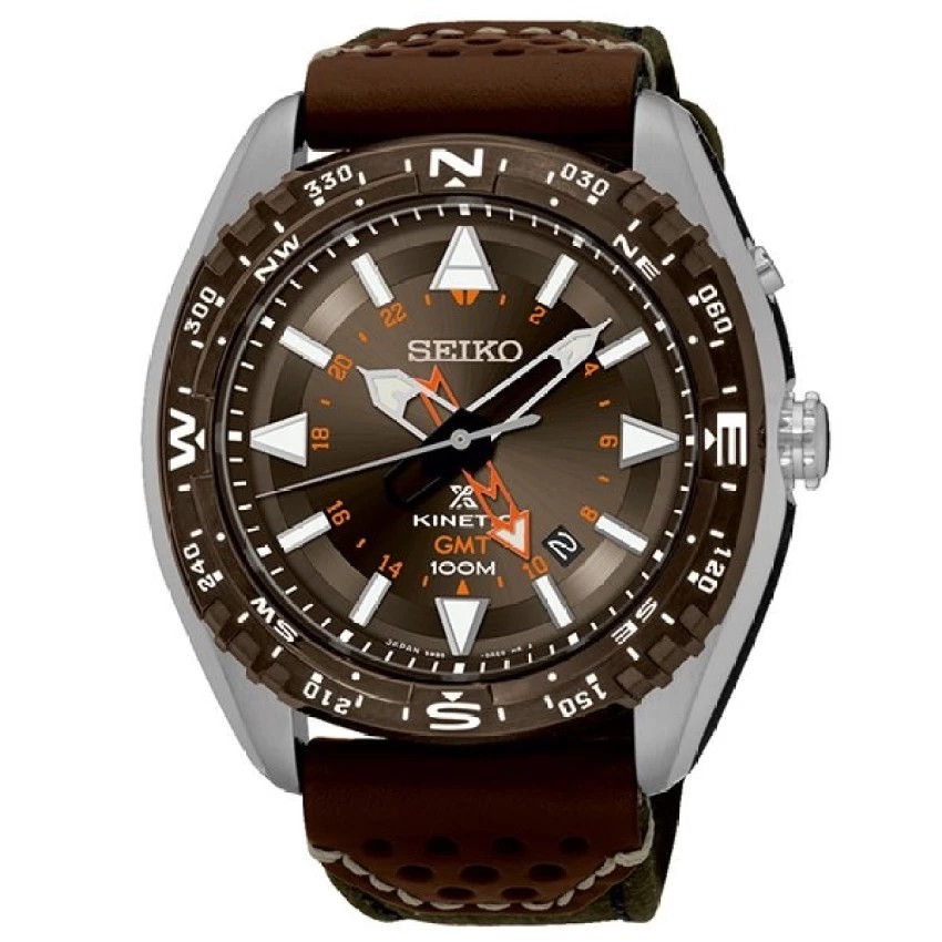 SEIKO PROSPEX KINETIC GMT นาฬิกาข้อมือผู้ชาย สีเงิน/สีน้ำตาล/สีเขียวขี้ม้า สายผ้าร่ม รุ่น SUN061P1