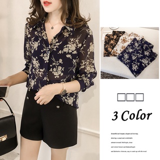 Autumn Women Chiffon Blouse Korean Flower Print Shirts Elegant Ladies Tops Fashion Turn Down Collar Long Sleeve Shirt Lady Plus Size