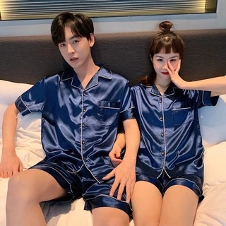🍁2111🍁 ชุดนอนผ้าซาตินเสื้อแขนสั้น+กางเกงขาสั้น สีพื้น ไซส์ M-2XL ใส่ได้ทั้งชายและหญิง