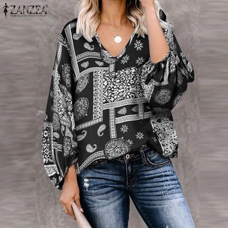 Zanzea เสื้อลําลองสําหรับสตรีแขน 3/4 คอวีทรงหลวมพิมพ์ลาย