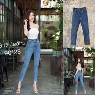 G.D.Jeans รุ่น 90128#กางเกงยีนส์แฟชั่นขายาวผ้ายืดสียีนส์เอวสูงแต่งลูกโซ่ข้างขอบเอวกางเกงแบบเก๋ๆ