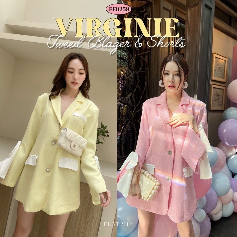 Flat2112 ส่งต่อ สีชมพู มือสอง FLAT2112 VERGINIE TWEED BLAZER&SHORTS เซ็ตสูท เสื้อแจ็คเกท เสริมไหล่