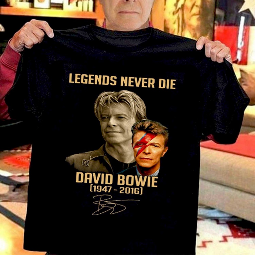 เสื้อยืดคอกลมLegends Never Die David Bowie 1947-2016 เสื้อเชิ้ต คอกลม ผ้าฝ้าย สําหรับผู้ชาย ผู้หญิงผ้าฝ้ายแท้