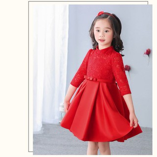 เดรสตรุษจีนแขนยาวออกงาน ลูกไม้ สีแดง สินค้าเด็กคุณภาพจาก IdeaKidShop