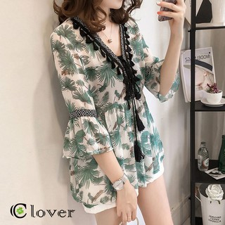 เสื้อแฟชั่นหญิงเสื้อเบลาส์ พิมพ์ลายดอกไม้แขนบาน Floral Chiffon Shirt 677