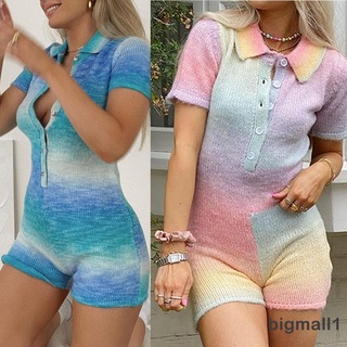 BIGMALL-Women Summer Knitted Jumpsuit, Tie-Dye/Stripe Turn-Down Collar Short Sleeve Button-Open Romper , 3 Colors