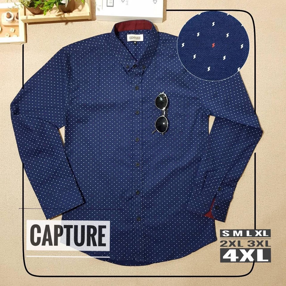เสื้อเชิ้ตแขนยาว คอปก ผ้า Oxford ลายสายฟ้า สีกรม มีไซส์ S-4XL