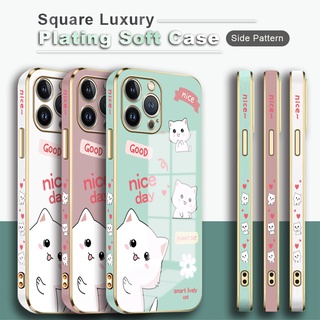สําหรับ Huawei Nova 9 8i 7 7i SE 4 4E 3 3i 3E เคสโทรศัพท์รูปแบบด้านข้างพิมพ์(Helloแมวขาวน่ารัก)สแควร์ชุบเคสแบบหรูหรากรอบชุบซิลิโคนนิ่มปลอกเลนส์ป้องกันกันตกเคสมือถือ