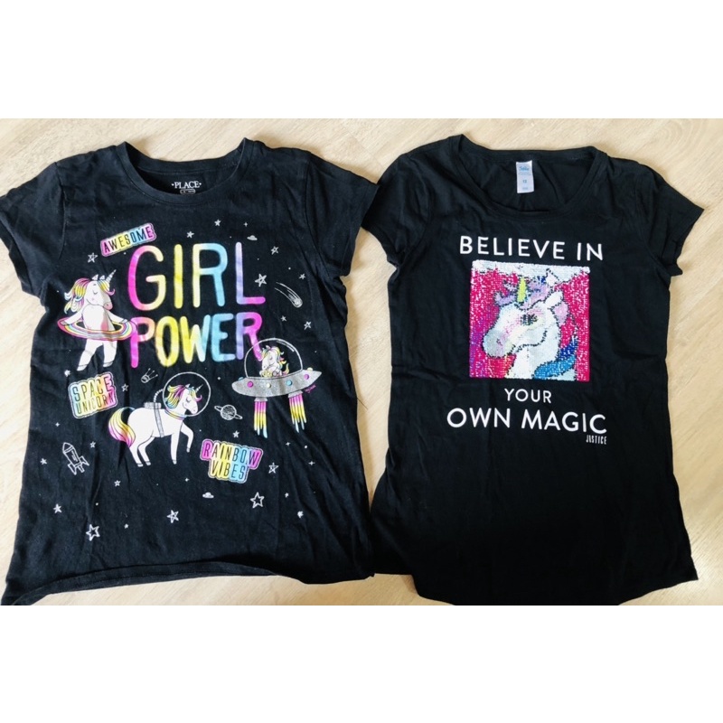 เสื้อยืดเด็กผู้หญิง 2 ตัว อายุ 10-12 ปี ยี่ห้อ Children ‘s Place และ Justice มาจากอเมริกา มือสอง สภา