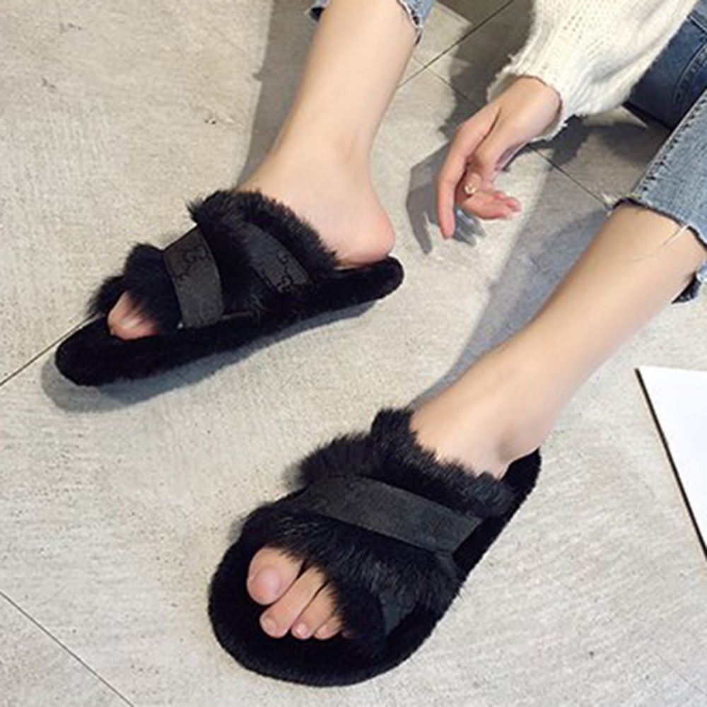 【hot Stock】luxury Brand Women Cross Tied Rabbit Fur Slippers Faux Fur Slides Flat Furry Flip 0823