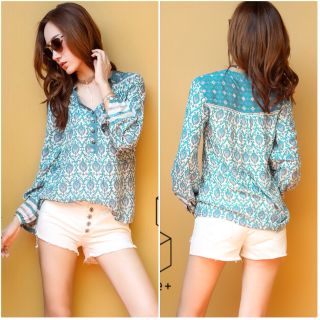 เสื้อแขนยาวสีเขียวมิ้น ผ้าฝ้ายแท้เนื้อดี
