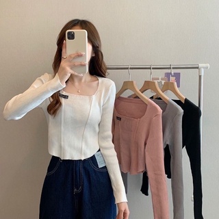 ZARZ.SHOP🍑*พร้อมส่ง*คลกลมไหมพรมแขนยาวดีเทลเรียบตัดประกบ 4407