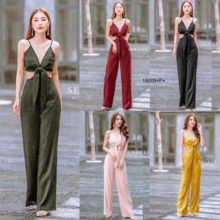 ❤️Jumpsuit จั้มสูทสายเดี่ยว อกผูกโบว์สายเดี่ยวผูกแบบไขว้ด้านหลัง เอวสม็อคหลัง มีซิปหลัง งานผ้าซ่าร่า