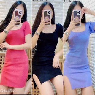 🔥aimorn_shop🔥มินิเดรส คอเหลี่ยมแขนสั้น ผ้าไหมพรมดีเทลด้วยการแหวกข้าง ให้ดูเซ็กซี่น่าหลงไหล