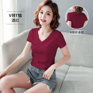 FF.shop-เสื้อยืดคอวีสีพื้นสไตล์เกาหลีใส่สบายผ้านิ่ม #635