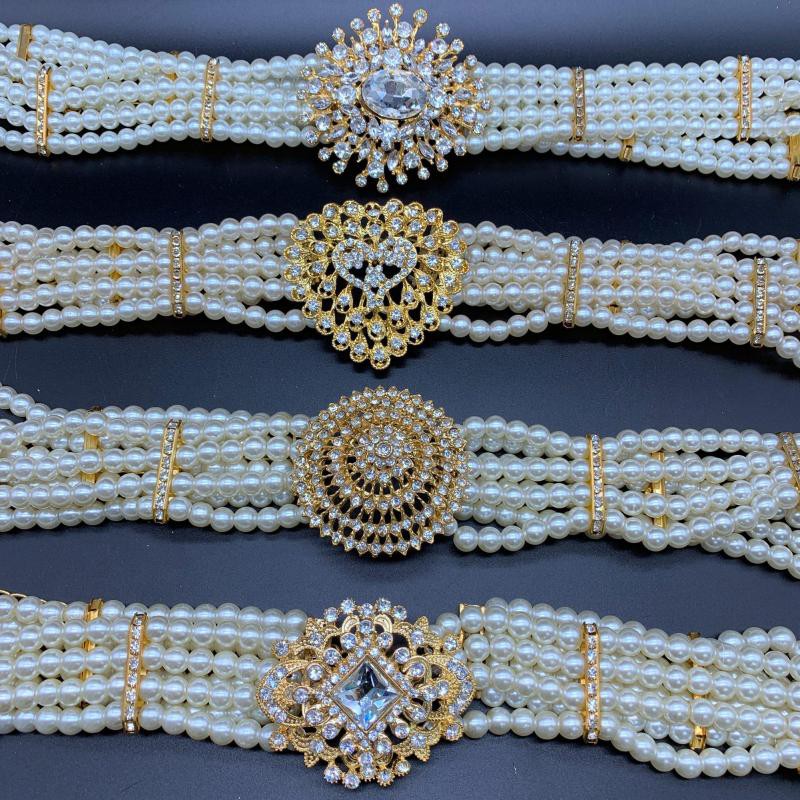 March jewelry เครื่องประดับไทยโบราณเข็มขัดมุกแฟชั่นเข็มขัดดอกไม้ถักโซ่มุกสีทองไม่ยืดหยุ่นปรับได้ความยาว 28 ~ 35 นิ้ว