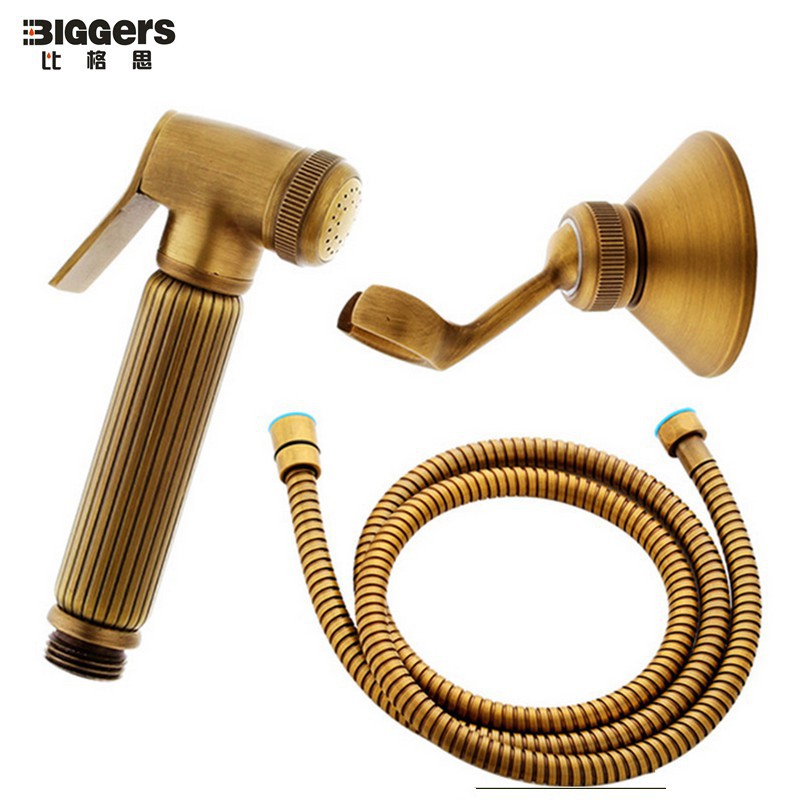 Biggers ชุดหัวฉีดชําระ ทองแดง สีบรอนซ์ สไตล์โบราณ พร้อมสายฝักบัว และที่รอง สําหรับห้องน้ํา 3 ชิ้น
