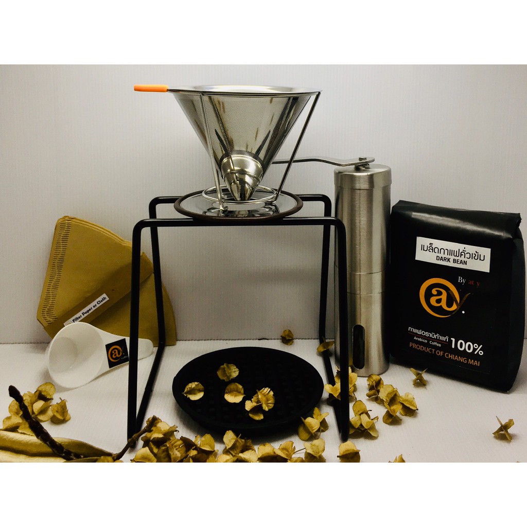 ชุดที่ 2370 ขาตั้งแก้วดริป พร้อมแก้วดริปสเตนเลส กระดาษกรอง ช้อน เครื่องบดกาแฟมือหมุน เมล็ดกาแฟคั่วเข