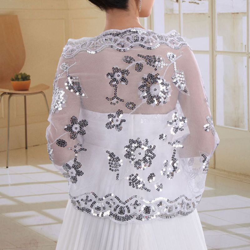 ผ้าคลุมไหล่ ปักลายลูกไม้ ประดับเลื่อม สีขาว สําหรับเจ้าสาว - รูปที่ 2