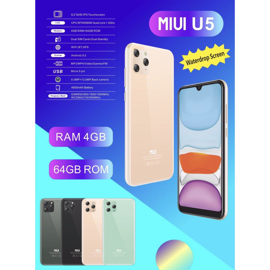 MIUI U5 โทรศัพท์มือถือ Smartphone จอ 6.3"(RAM 4GB+ROM 64GB) ภาพสวย จอหยดน้ำ