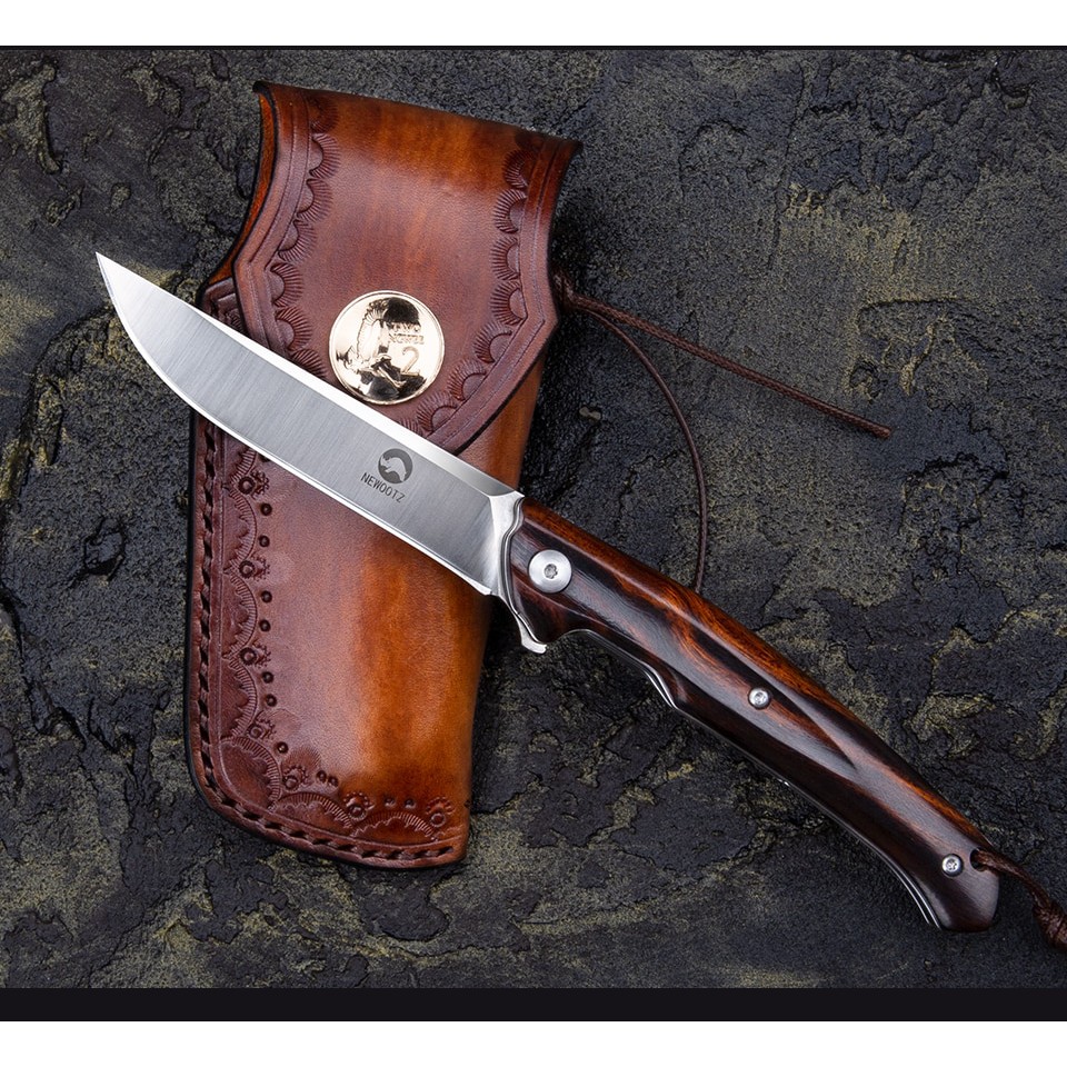 มีดพับ (folding knife) มีดพก NEWOOTZ ใบ 3.5" สุดยอดเหล็ก M390 premium ของแท้ มีดสนาม มีดเดินป่า ด้ามไม้พร้อมเคสหนังแท้