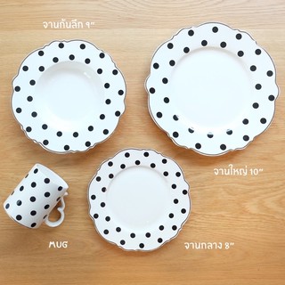 #พร้อมส่ง Polka dot set เซ็ตจานเซรามิกลายจุด ขอบทอง