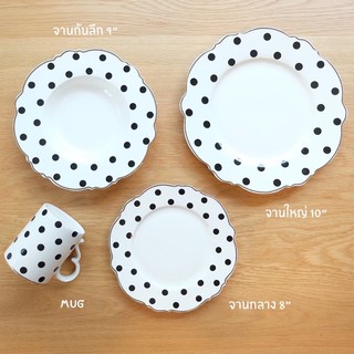 #พร้อมส่ง Polka dot set เซ็ตจานเซรามิกลายจุด ขอบทอง