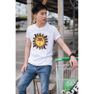 เสื้อยืดแขนสั้นผ้า cotton เบอร์ 32 สกรีนลายพระอาทิตย์ สีขาว