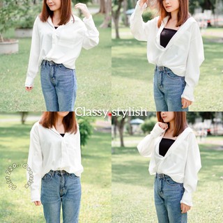 CS เสื้อเชิ้ตคอปกทรงOversize กระเป๋า1ข้าง