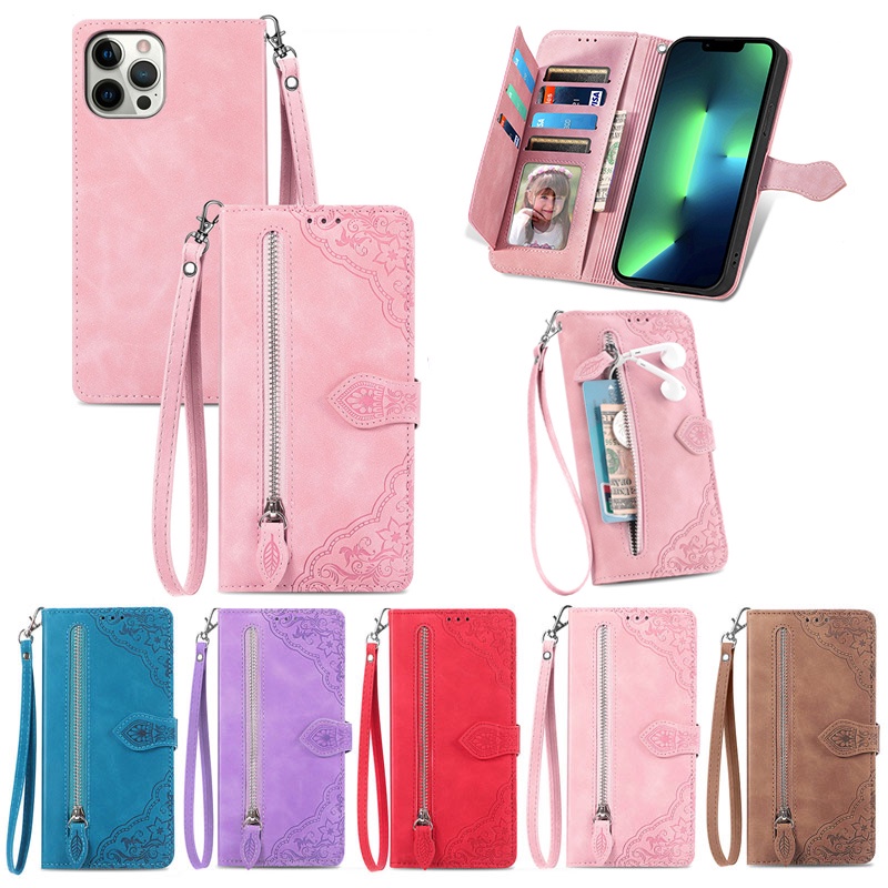Lucky ดอกไม้สําหรับ VIVO V60 V60e V50 V50e V40 V30 V29 Pro Lite 4G 5G ซิปกระเป๋าสตางค์นูนผู้หญิงหญิงช่องใส่การ์ดมัลติฟังก์ชั่ Kickstand หนังฝาครอบโทรศัพท์