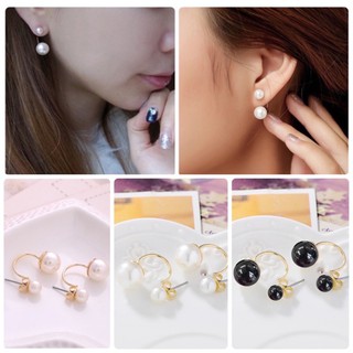 ต่างหูมุกสองเม็ด ต่างหู ต่างหูมุกสไตล์เกาหลี แฟชั่น เกาหลี Double Faux Pearl Rhinestones Ear Stud Earrings Jewelry