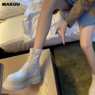 Makuu รองเท้าบูทมัฟฟิน พื้นหนา ขนาดเล็ก สีพื้น เข้ากับทุกการแต่งกาย แฟชั่นฤดูใบไม้ผลิ และฤดูใบไม้ร่วง สําหรับรถจักรยานยนต์ รองเท้าบูทมาร์ติน สําหรับผู้หญิง