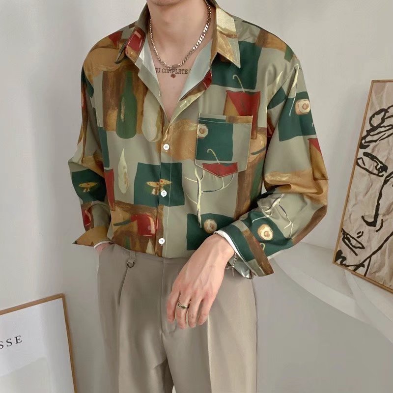 COD แฟชั่นเกาหลีเสื้อเชิ้ตผู้ชาย ทรงหลวมแขนยาว รูปแบบบล็อกสี เสื้อคอปก ผู้ชายฤดูร้อนเสื้อวินเทจ ใส่สบาย หนุ่มๆต้องมี Size: M-2XL