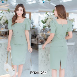 (S-XL) เซ็ต 2 ชิ้น เสื้อคอเหลี่ยมแขนตุ๊กตา+กระโปรงทรงสอบ สีเขียว IFY1011