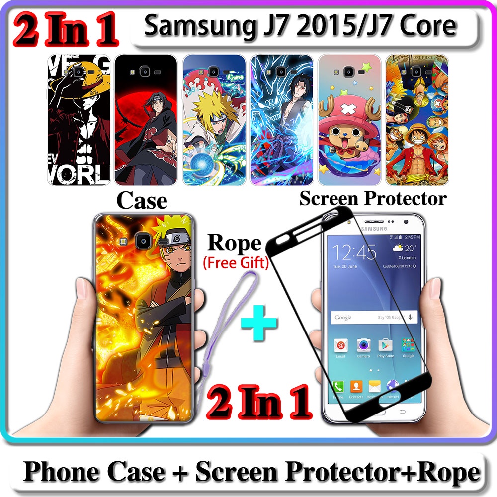 2 IN 1 เคส Samsung J7 2015 J7 Core เคส พร้อมกระจกนิรภัยโค้ง เซรามิค ป้องกันหน้าจอ นารูโตะ และวันพีช