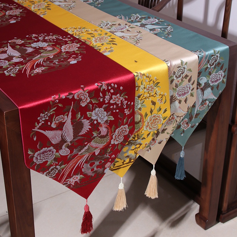 ผ้าปูโต๊ะ ลายดอกไม้ นก สีเหลือง สีแดง สไตล์จีน อุปกรณ์เสริมเฟอร์นิเจอร์