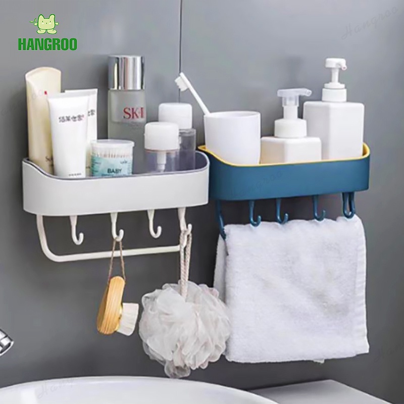 HANGROO H550 ที่ใส่ของติดผนัง GQ ที่วางของพร้อมราวแขวนและตะขอ ไม้ต้องเจาะผนัง H550