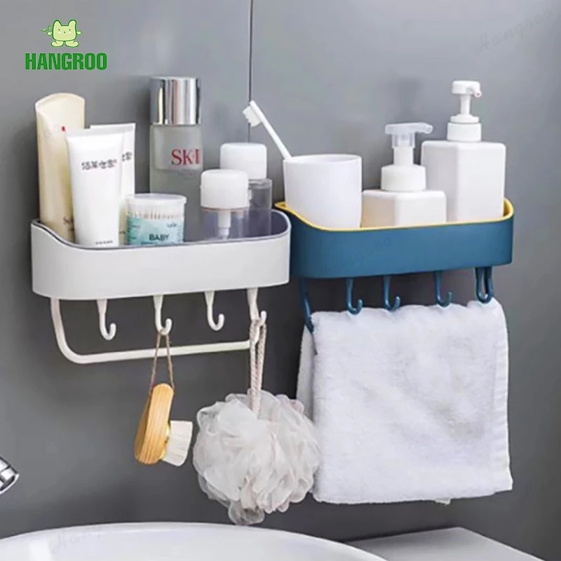 HANGROO H550 ที่ใส่ของติดผนัง GQ ที่วางของพร้อมราวแขวนและตะขอ ไม้ต้องเจาะผนัง H550