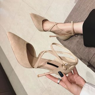 ✢∏❆2021 sexy strappy pointed high heels female stiletto heel 2021 spring new wild net สาวฝรั่งเศสสีแดงกลวง