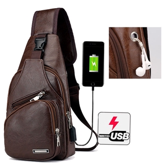 กระเป๋าสะพายหนังเย็นสบาย ๆ แฟชั่นผู้ชายกระเป๋า Messenger USB ชาร์จหลุมหูฟังภายนอกมัลติฟังก์ชั่ความจุขนาดใหญ่