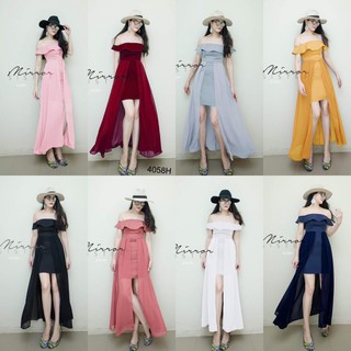 J4058 Maxi Dress แม็กซี่เดรส ปาดไหล่ ผ่าหน้า