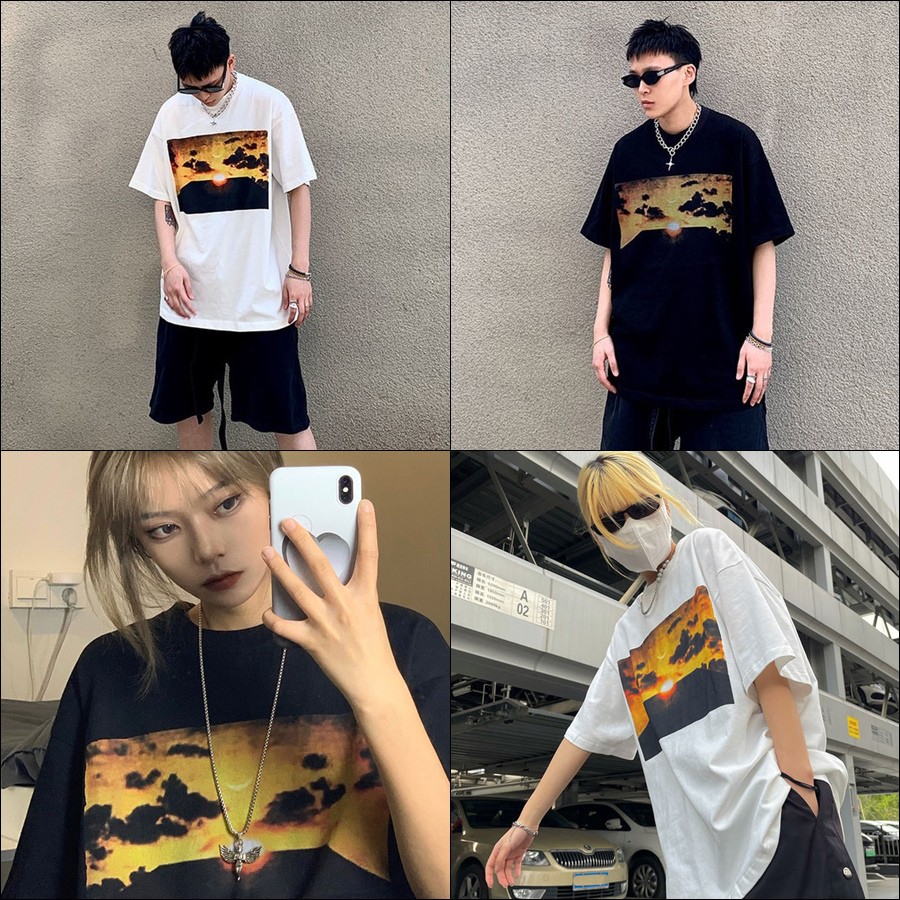 POOHPAND เสื้อยืดโอเวอร์ไซส์ เสื้อแฟชั่น สไตล์เกาหลี สวมใส่สบาย พิมพ์ลายพระอาทิตย์ตก Sunset #2039