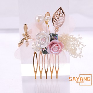 Elegant Pink White Pearl Crystal Hair Comb Gold Leaf Tiara Headpiece Wedding Hair Jewelry