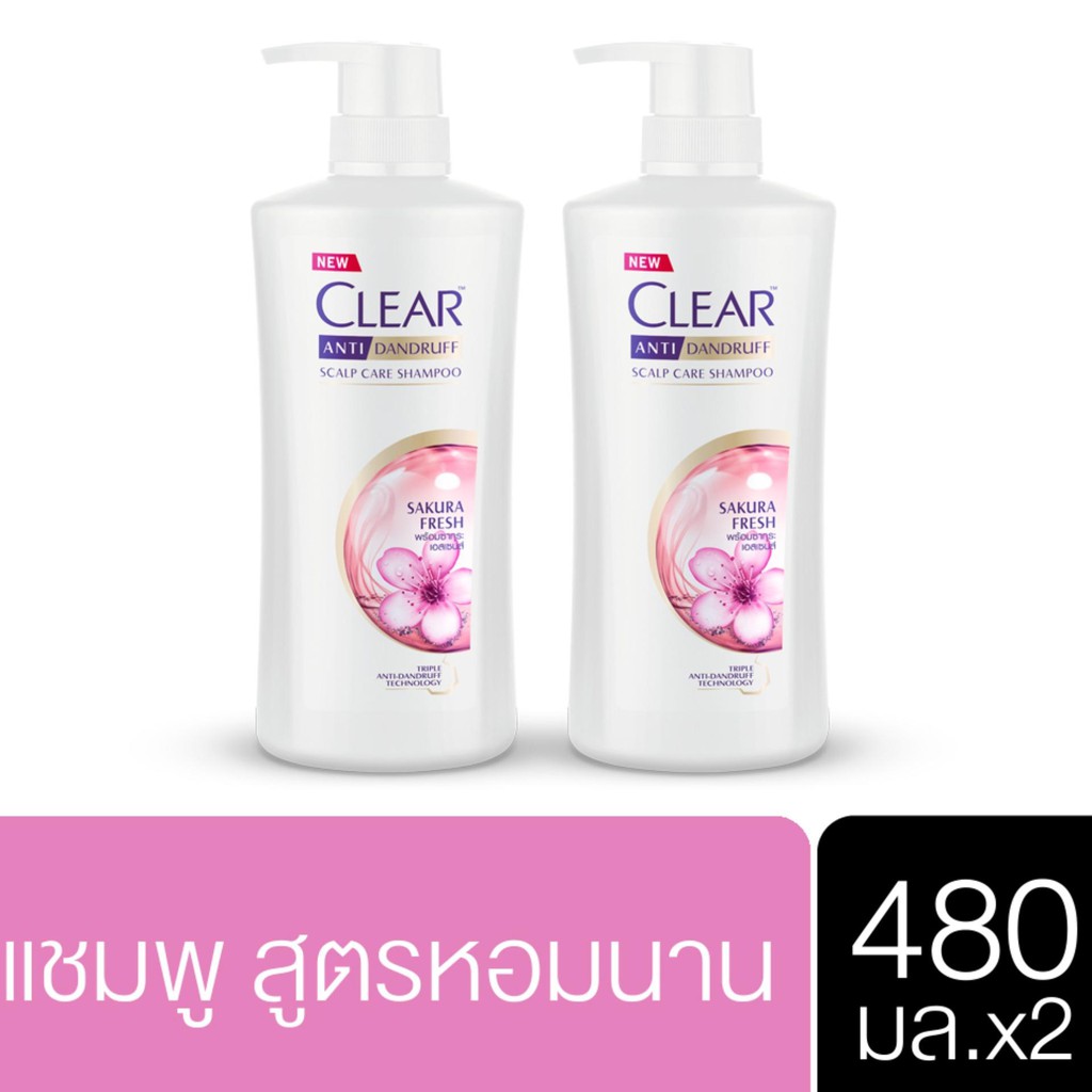 Clear Shampoo Sakura Fresh Pink 480ml เคลียร์แชมพู กลิ่นซากุระ สดชื่นยาวนาน สีชมพูดอกไม้ 480มล. (2 p